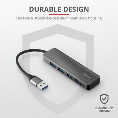 Trust Halyx 4-Poorts Usb 3.2 Gen1-Hub, Grijs
