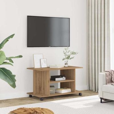 Tv-meubel met wieltjes 80x40x45cm bewerkt hout artisanaal eiken