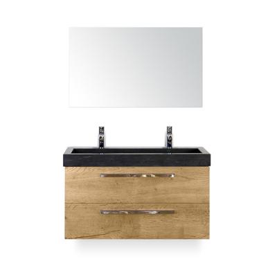 Seville Badmeubelset 100 cm - Natuur Eiken - Wastafel Hardsteen Wit Lucca 2 kraangaten - met Spiegel