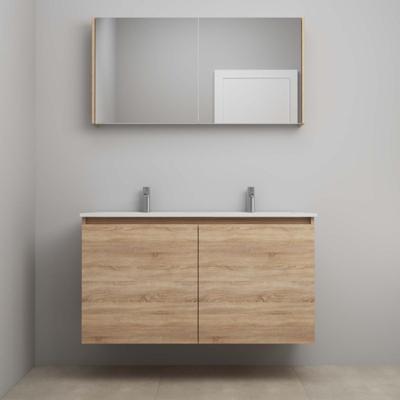 On-Line Badkamermeubelset - 120 cm - Bouwpakket - Greeploos 2 Deuren - Porseleinen Wastafel - 2 Kraangaten - Spiegelkast - Eiken