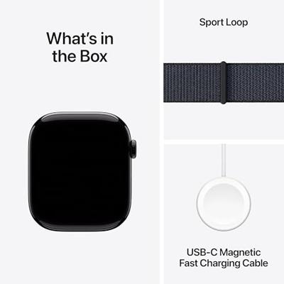 Apple Watch Series 10 (GPS + Cellular 46 mm) Smartwatch - Kast van gitzwart aluminium - Inkt geweven sportbandje. Conditie bijhouden, Ecg-app, always on Retina-display, CO₂-neutraal