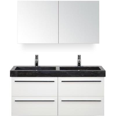 Seville Badmeubelset 120 cm - 4 Laden Wit Hoogglans - Wastafel Hardsteen Wit Lucca met Spiegelkast