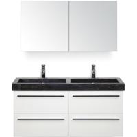 Seville Badmeubelset 120 cm - 4 Laden Wit Hoogglans - Wastafel Hardsteen Wit Lucca met Spiegelkast - thumbnail