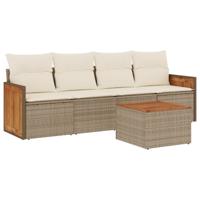 5-delige Loungeset met kussens poly rattan beige - thumbnail
