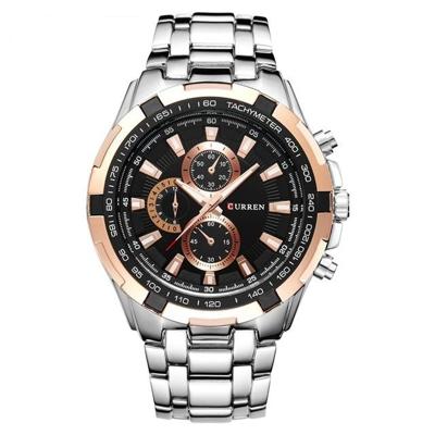 CURREN 8023 mannen RVS analoge sport quartz horloge (zilver geval gouden ring zwart gezicht)