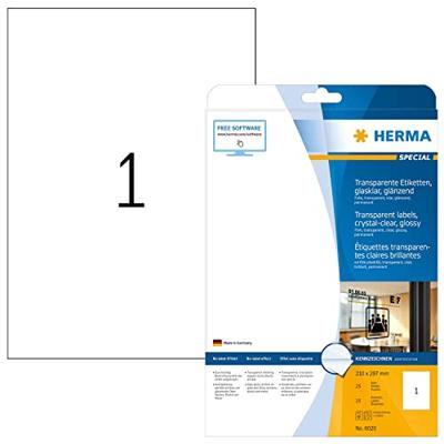 Herma 8020 Folie-etiketten 210 x 297 mm Folie, glanzend Transparant 25 stuk(s) Permanent hechtend Laser (zwart/wit), Kopiëren (zwart/wit), Laser (kleur),