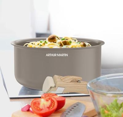 Set van 3 steelpannen - Geschikt voor alle kookplaten inclusief inductie - ARTHUR MARTIN - AM1122 - Keramiek - Ø 16-18-20 cm + afneembare handgreep - Taupe