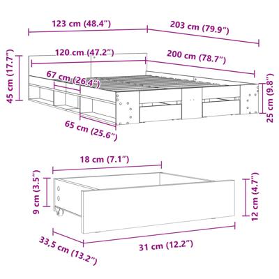 Bedframe met lades bewerkt hout betongrijs 120x200 cm