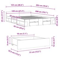 Bedframe met lades bewerkt hout betongrijs 120x200 cm - thumbnail