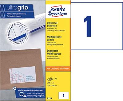 Avery universele A5 etiketten Ft 210 x 148 mm (b x h), wit, doos van 200 etiketten