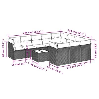11-delige Loungeset met kussens poly rattan bruin - thumbnail