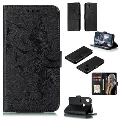 Feather patroon Litchi textuur horizontale Flip lederen draagtas met portemonnee & houder & kaartsleuven voor Motorola Moto E6 (zwart)