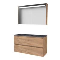 Basic-Line Premium 46 Badkamermeubelset - 120 x 46 cm - Greeploos - 2 Lades - Hardstenen Wastafel - 2 Kraangaten - Spiegelkast met LED Verlichting - Whisky Oak - thumbnail