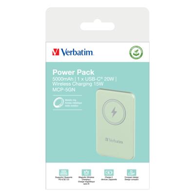 Verbatim Charge n Go Magnetic Wireless Powerbank 5000 mAh Fast Charge, Quick Charge 3.0, USB PD 3.0, Adaptive Fast Charge LiPo USB-C Groen