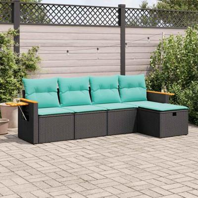 5-delige Loungeset met kussens poly rattan zwart