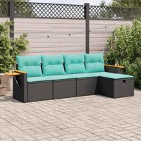 5-delige Loungeset met kussens poly rattan zwart - thumbnail