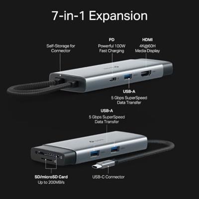 TP-Link UH7021C USB C-hub, PD100W, 4K 60Hz HDMI, 1×USB C, 2× USB A, SD- en microSD-kaarten tot 200 MB/s, plug and play, compatibel met MacOS, Windows, Linux, iPad OS, iOS, Android