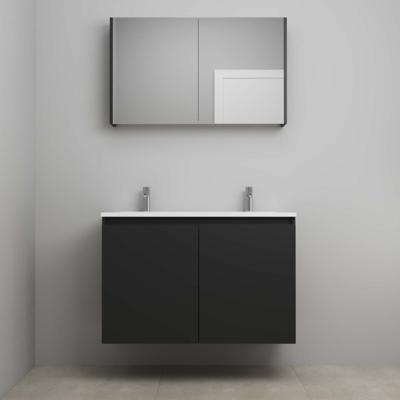 On-Line Badkamermeubelset - 100 cm - Voorgemonteerd - Greeploos 2 Deuren - Acryl Wastafel - 2 Kraangaten - Spiegelkast - Mat Zwart