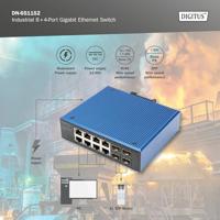 DIGITUS Netwerk Switch - 12-poorts Gigabit Ethernet - 8x RJ45 + 4x SFP - IP40 - 10/100/1000 Mbit/s - DIN rail montage - industriële serie - zwart/blauw - thumbnail