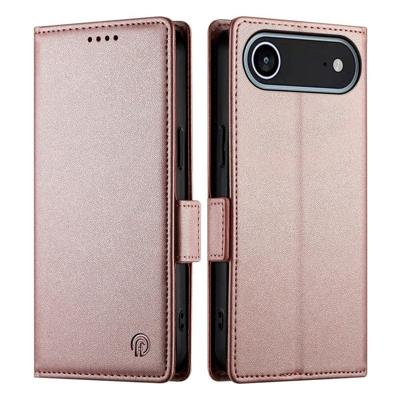 Lunso iPhone 17 Air hoesje - PU leren Bookcase met ruimte voor pasjes - Rose Goud
