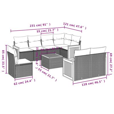 9-delige Loungeset met kussens poly rattan grijs