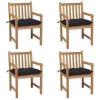 Tuinstoelen 4 st met zwarte kussens massief teakhout - thumbnail