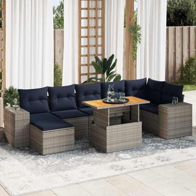 8-delige Loungeset met kussens poly rattan grijs