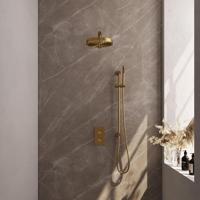 BRAUER Stripe Thermostatische Inbouw Regendouche - 3-weg - rechthoekig - 25cm douchekop - rechte muurarm - staaf handdouche - doucheslang - geïntegreerde glijstang - goud geborsteld PVD 5-GG-401 - thumbnail
