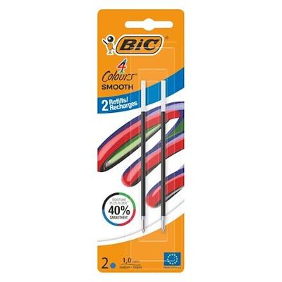 BIC vulling voor balpen 4 Colours Smooth, medium, blister van 2 stuks, blauw