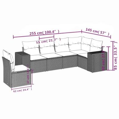 6-delige Loungeset met kussens poly rattan zwart