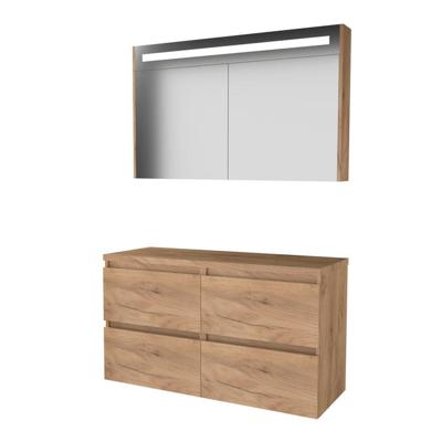 Basic-Line Premium 46 Badkamermeubelset - 120 x 46 cm - Greeploos - 4 Lades - Wastafelblad - Spiegelkast met LED Verlichting - Whisky Oak