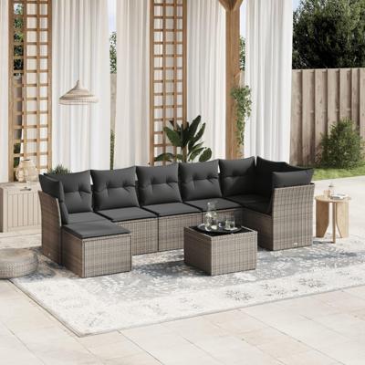 8-delige Loungeset met kussens poly rattan grijs