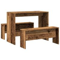 3-delige Eettafel en bankenset bewerkt hout oud houtkleurig - thumbnail