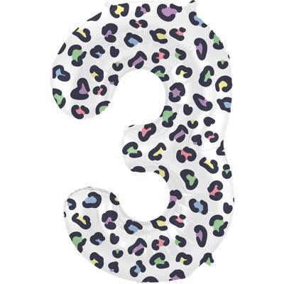 Folieballon Cijfer 3 Wit Met Panterprint (86cm)