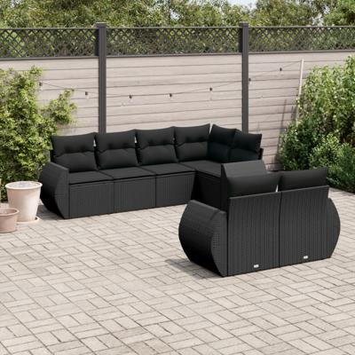 7-delige Loungeset met kussens poly rattan zwart