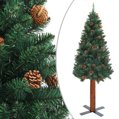 Kerstboom met echt hout en dennenappels smal 150 cm PVC groen