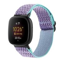 By Qubix - Compatible met Fitbit Versa 3/4 & Sense 1/2 Nylon loop bandje - Paars met lichtblauw - Compatible fitbit bandje - thumbnail