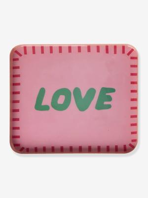 Klein rechthoekig metalen dienblad in de vorm van een wit HART met paarse strepen RICE rozen