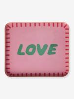 Klein rechthoekig metalen dienblad in de vorm van een wit HART met paarse strepen RICE rozen - thumbnail