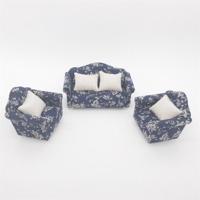 1:12 Doll House meubilair decoratie driedelige Mimulatie sofa (blauw witte bloem) - thumbnail