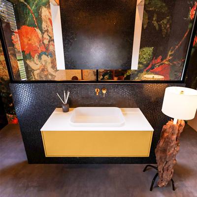 Badkamermeubelset Mondiaz Erin 100 cm met 1 Lade met RIDGE Wastafel Midden Talc Zonder Kraangaten Greeploos Mat Ocher