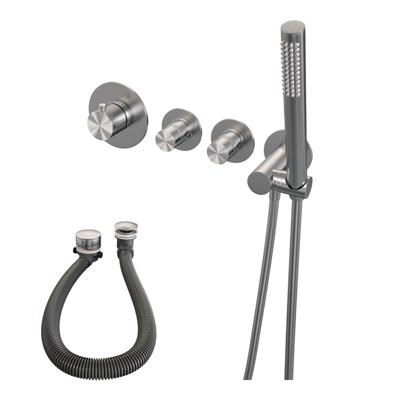 Brushed Edition thermostatische inbouw badkraan SET 01: badvulcombinatie, staaf handdouche, doucheslang, wandaansluitbocht PVD RVS