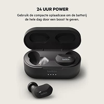 Belkin AUC001btBK SoundForm True Wireless Earbuds (Bluetooth-oordopjes voor iPhone, Samsung, Google, bedieningsknoppen, draagbaar oplaadhoesje, 24 uur luistertijd, ruisisolatie, zweetbestendig, zwart),Eén maat