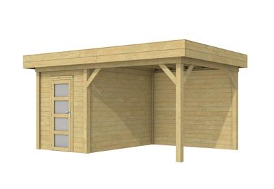 Woodvision Kiekendief blokhut 200x300 cm + overkapping 300 cm vuren groen geïmpregneerd- Plat dak- Geïmpregneerd vurenhout- Woodvision Woodvision Kiekendief blokhut 200x300 cm + overkapping 300 cm vuren groen geïmpregneerd- Plat dak- Geïmpregneerd vurenhout- Woodvision