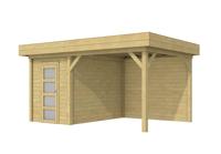 Woodvision Kiekendief blokhut 200x300 cm + overkapping 300 cm vuren groen geïmpregneerd- Plat dak- Geïmpregneerd vurenhout- Woodvision - thumbnail