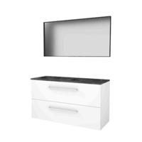 Basic-Line Framed 46 Badkamermeubelset - 120 x 46 cm - Met Grepen - 2 Lades - Hardstenen Wastafel - Zonder Kraangat - Spiegel met Zwart Aluminium Frame - Ice White - thumbnail
