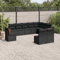 10-delige Loungeset met kussens poly rattan zwart - thumbnail