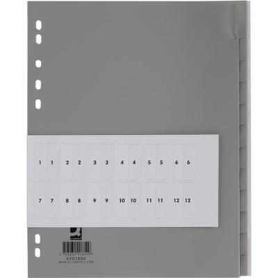 Q-CONNECT tabbladen, A4, PP, 11-gaatsperforatie, 12 tabs, grijs