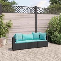3-delige Loungeset met kussens poly rattan zwart - thumbnail