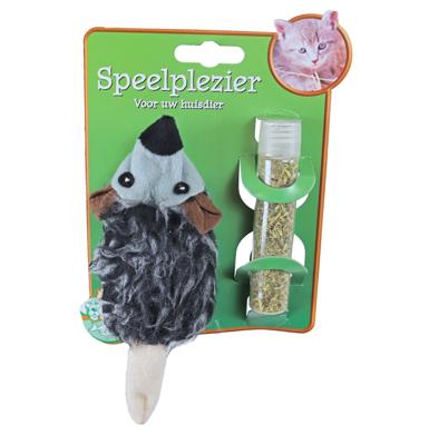 Kattenspeelgoed op kaart pluche rat met catnip vulbaar, 18 cm.